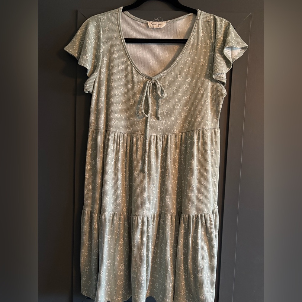 Floral Green Babydoll Dress with Tie Front